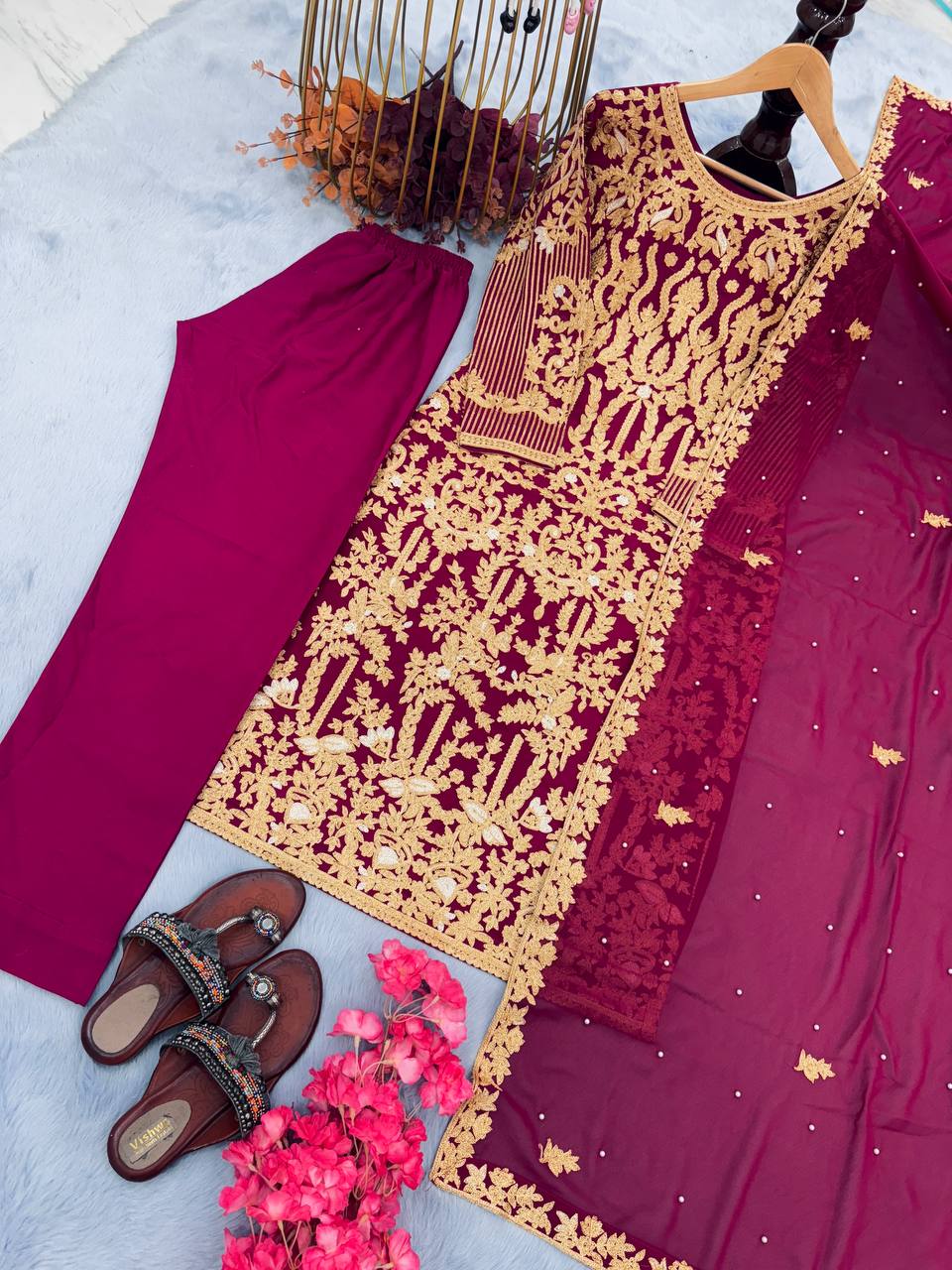 Wine Premium Designer Party Wear Faux Georgette Top, Bottom & Dupatta Set