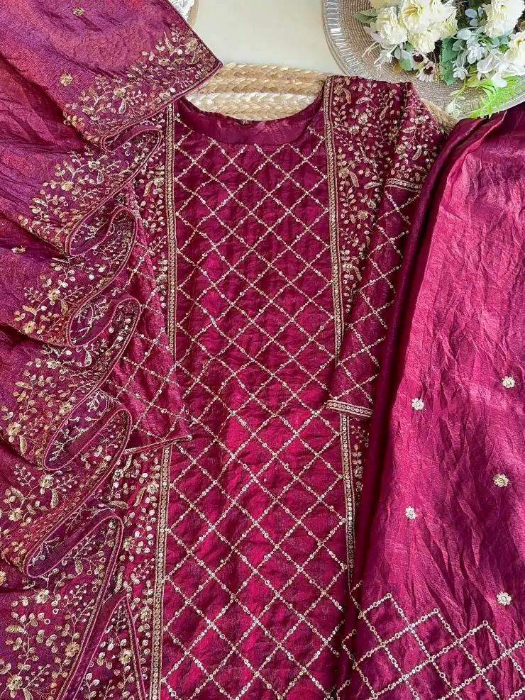 Wine Premium Designer Party Wear Ready-Made Top, Plazzo & Dupatta Set