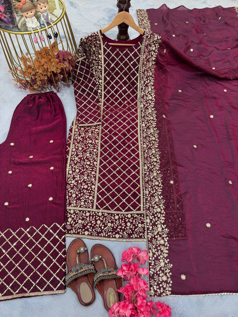 Wine Premium Designer Party Wear Ready-Made Top, Plazzo & Dupatta Set