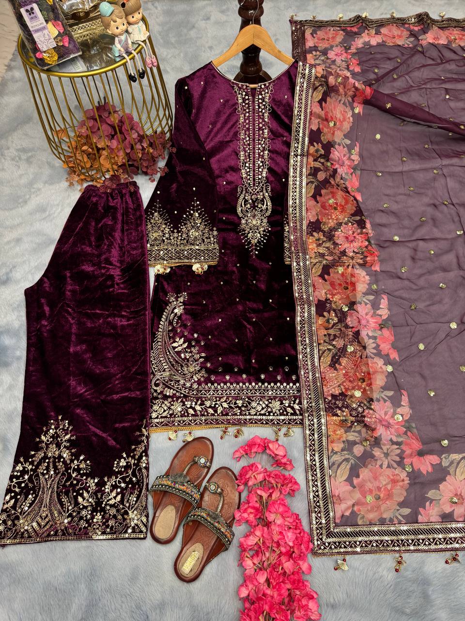 Wine Premium Designer Party Wear Viscose Velvet Top, Plazzo & Dupatta Set – Elegant Festive Look
