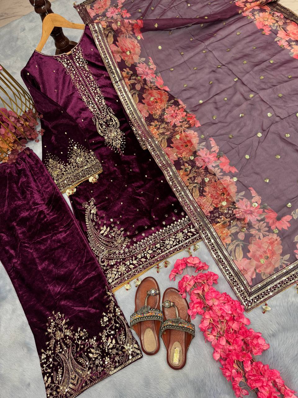 Wine Premium Designer Party Wear Viscose Velvet Top, Plazzo & Dupatta Set – Elegant Festive Look