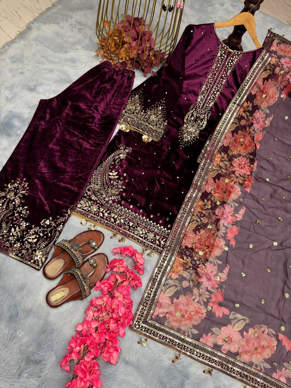Wine Premium Designer Party Wear Viscose Velvet Top, Plazzo & Dupatta Set – Elegant Festive Look