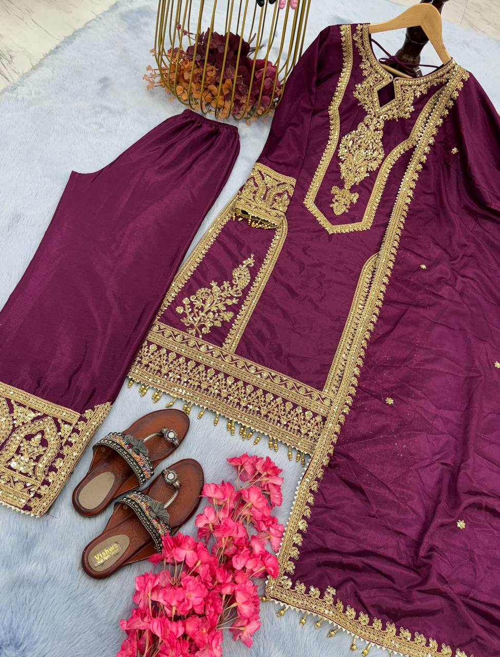 Wine Premium Designer Readymade Chinon Silk Top, Plazzo & Dupatta Set – Party Wear Elegance