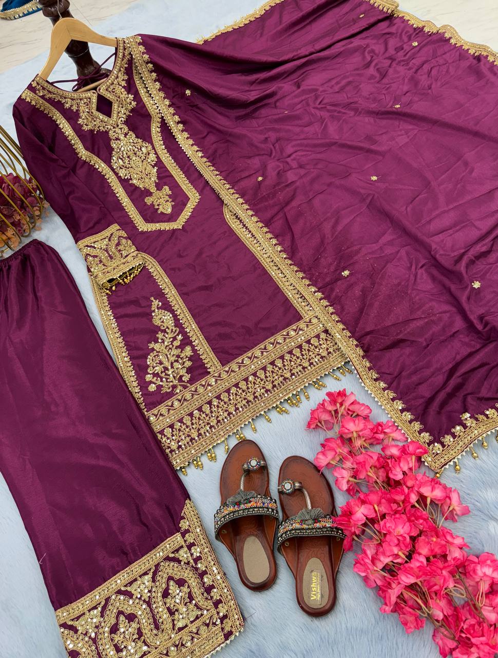 Wine Premium Designer Readymade Chinon Silk Top, Plazzo & Dupatta Set – Party Wear Elegance