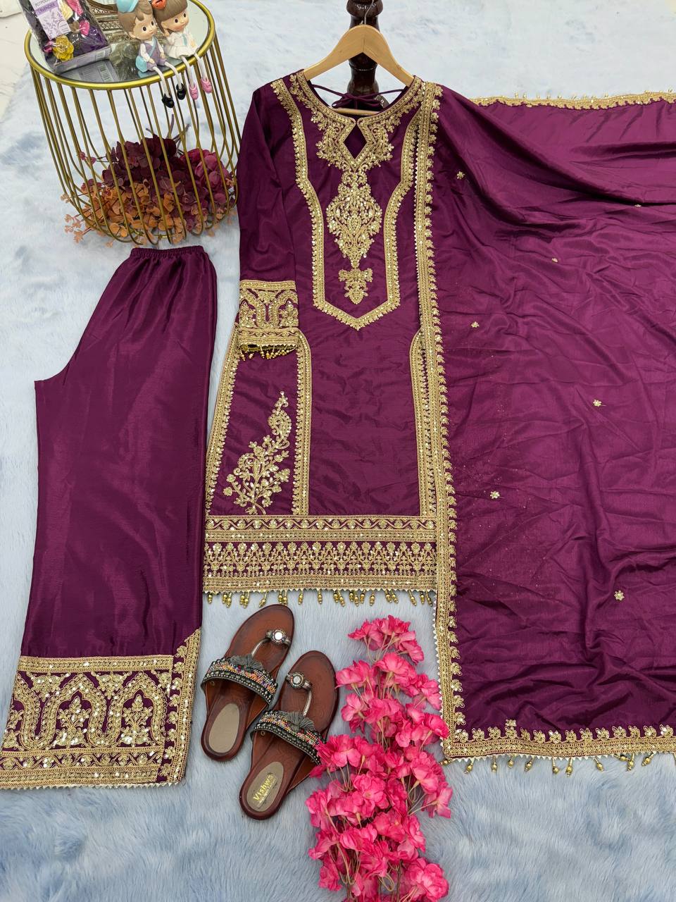 Wine Premium Designer Readymade Chinon Silk Top, Plazzo & Dupatta Set – Party Wear Elegance