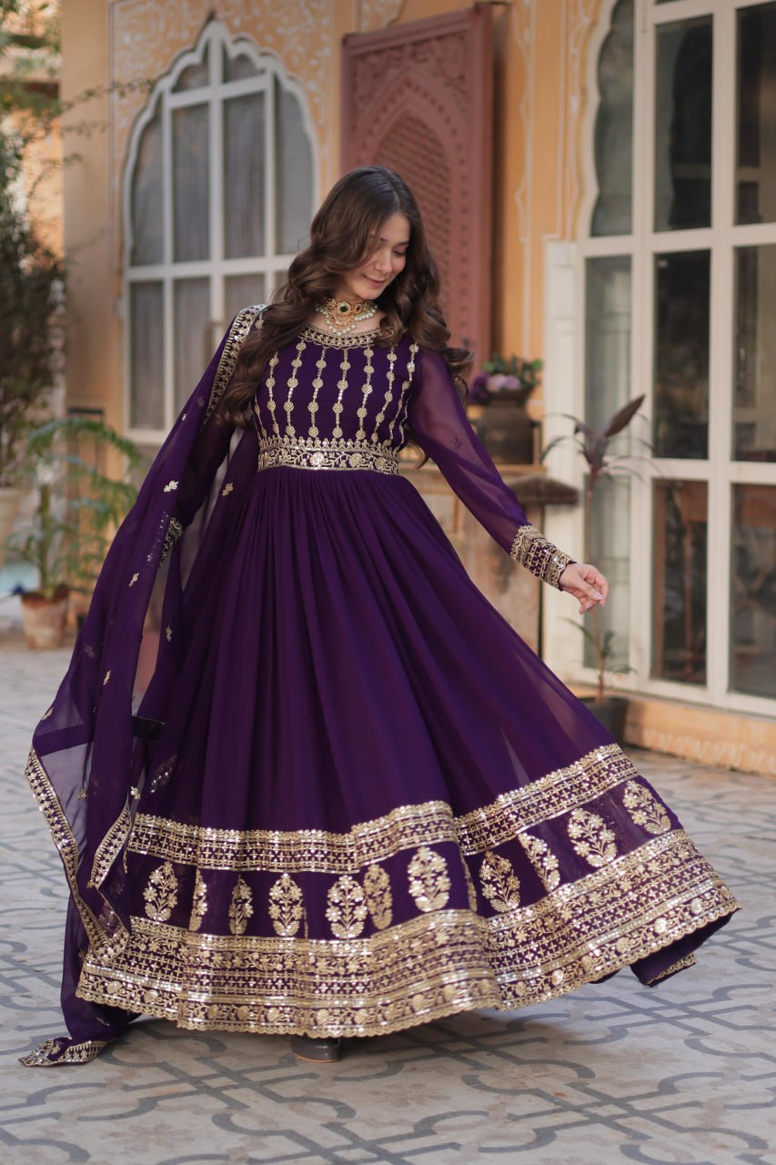 Purple Premium Designer Readymade Gown-Dupatta Collection
