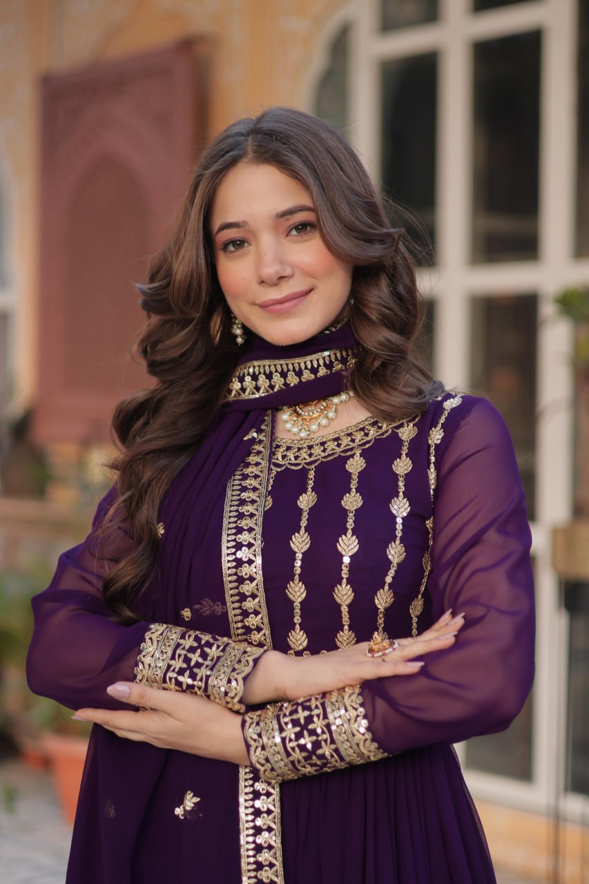 Purple Premium Designer Readymade Gown-Dupatta Collection