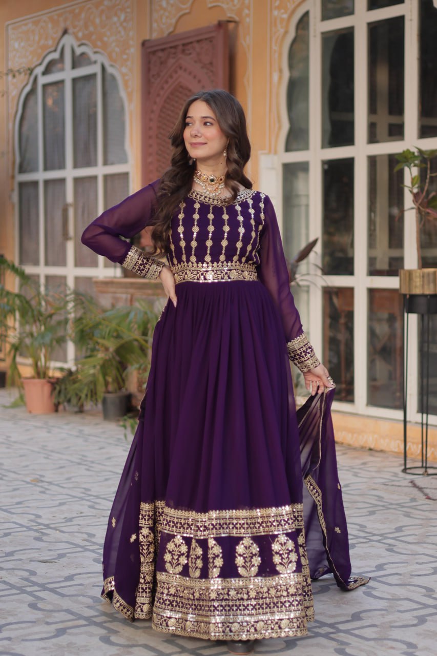 Purple Premium Designer Readymade Gown-Dupatta Collection