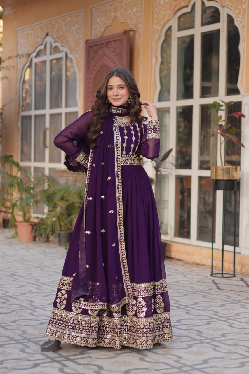 Purple Premium Designer Readymade Gown-Dupatta Collection