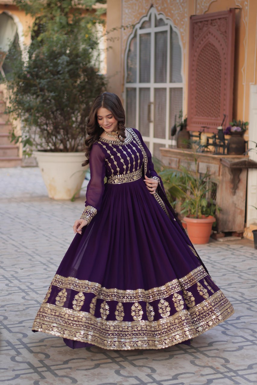 Purple Premium Designer Readymade Gown-Dupatta Collection