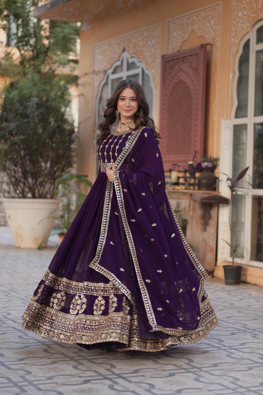 Purple Premium Designer Readymade Gown-Dupatta Collection