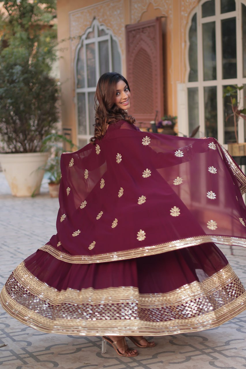 Wine Premium Designer Readymade Gown with Dupatta Collection Embroidered Elegance