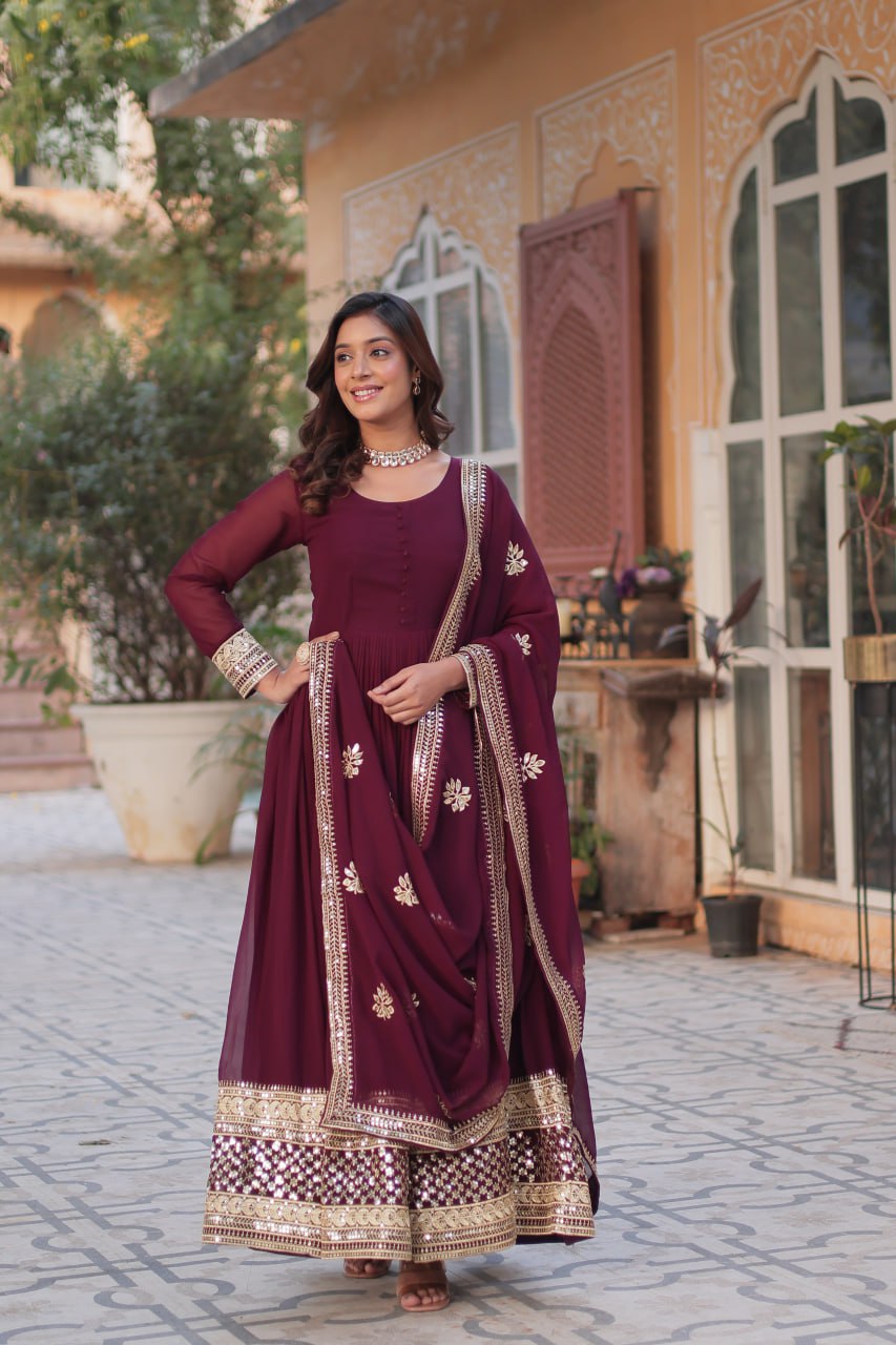 Wine Premium Designer Readymade Gown with Dupatta Collection Embroidered Elegance