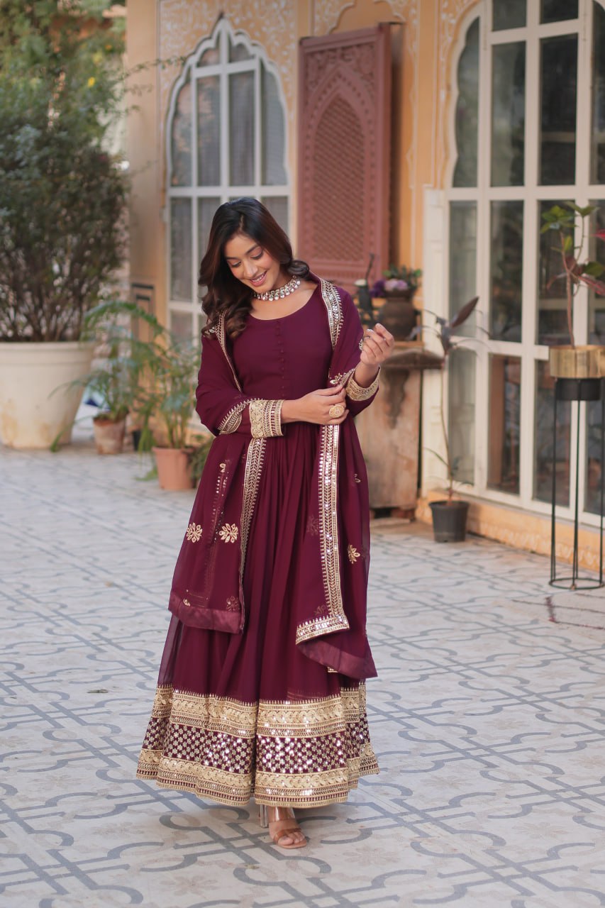 Wine Premium Designer Readymade Gown with Dupatta Collection Embroidered Elegance
