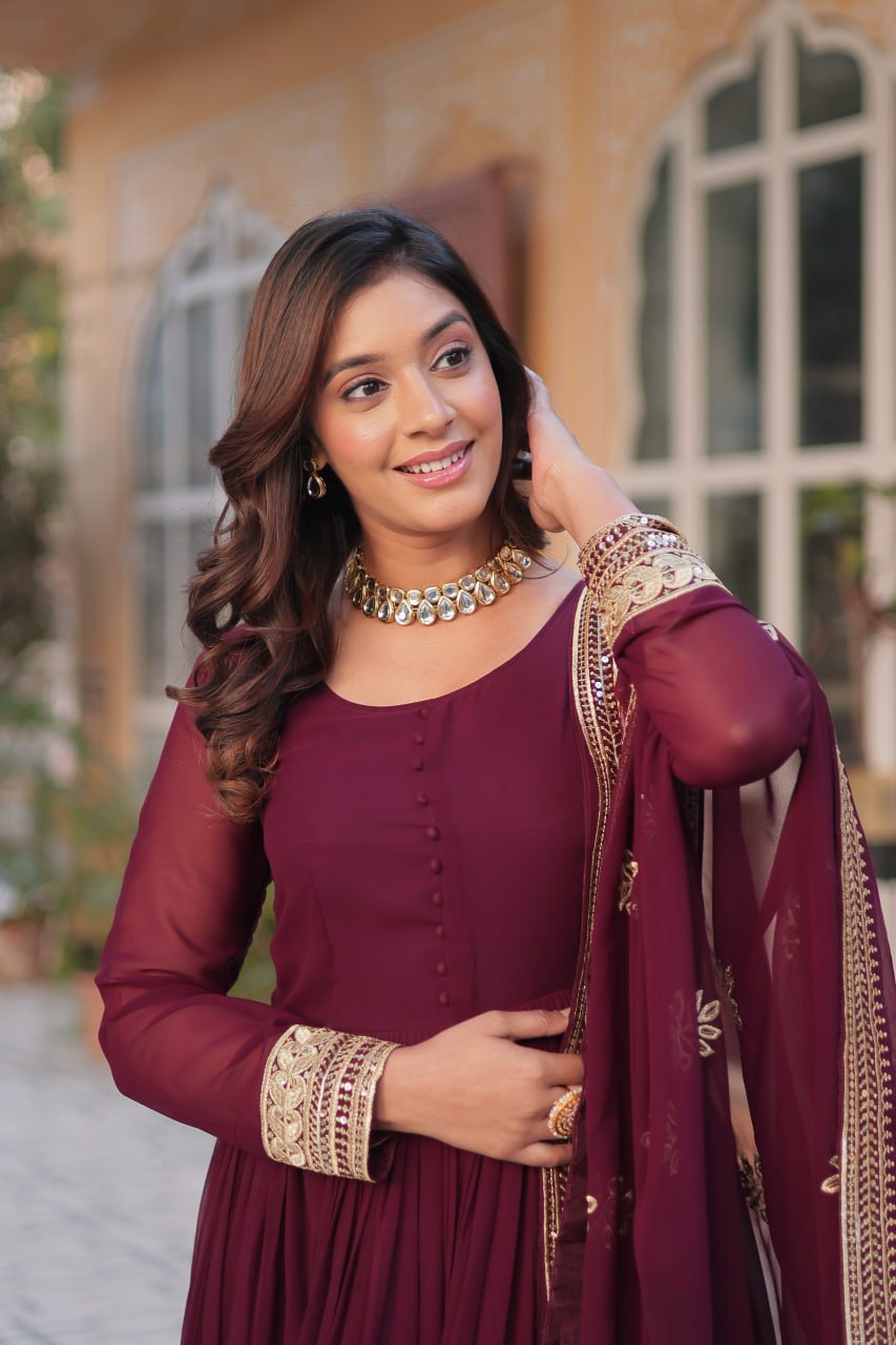 Wine Premium Designer Readymade Gown with Dupatta Collection Embroidered Elegance