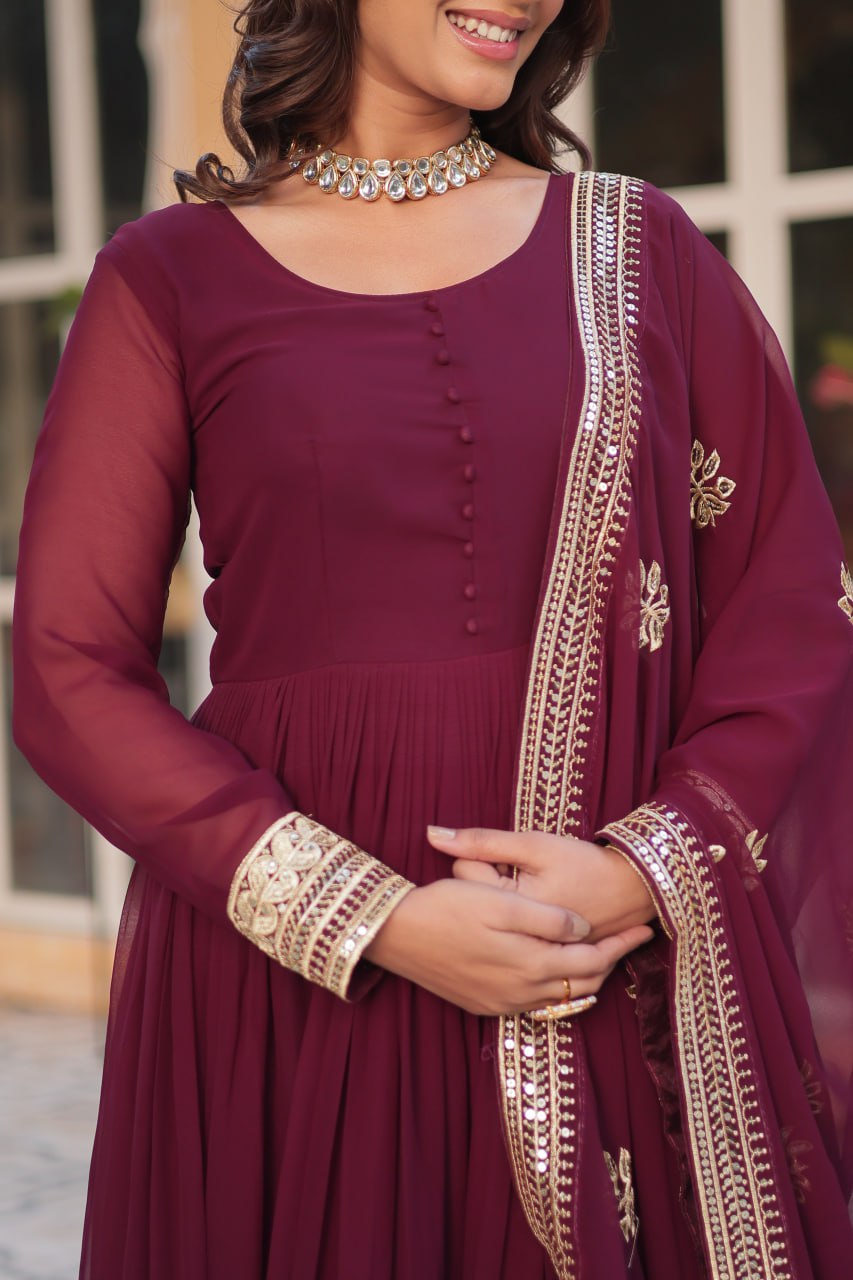 Wine Premium Designer Readymade Gown with Dupatta Collection Embroidered Elegance