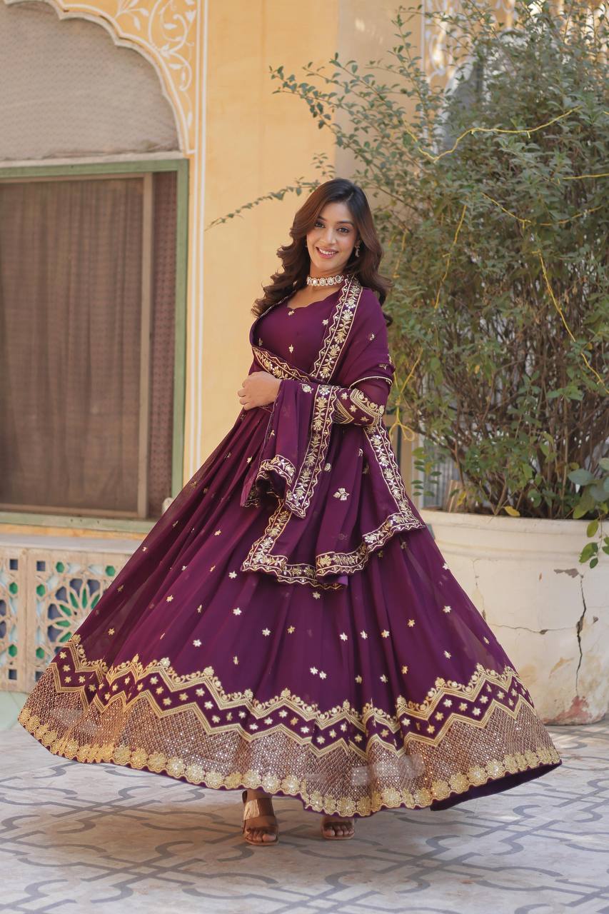 Wine Premium Designer Readymade Gown with Dupatta