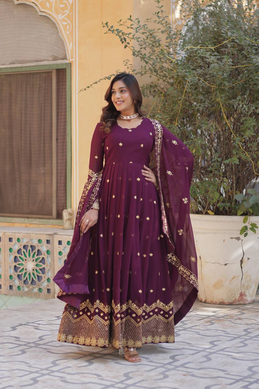 Wine Premium Designer Readymade Gown with Dupatta