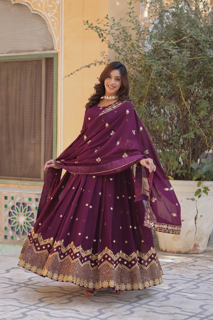 Wine Premium Designer Readymade Gown with Dupatta