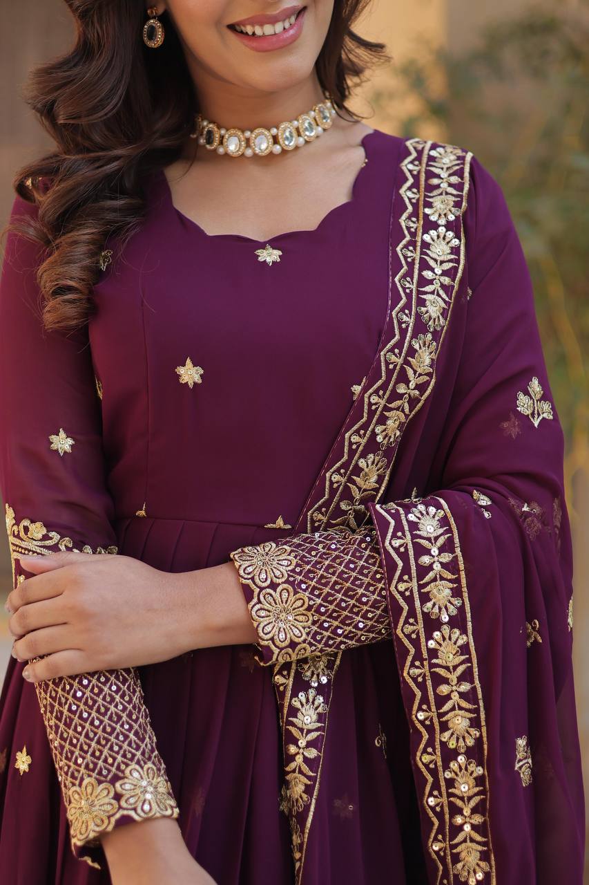 Wine Premium Designer Readymade Gown with Dupatta