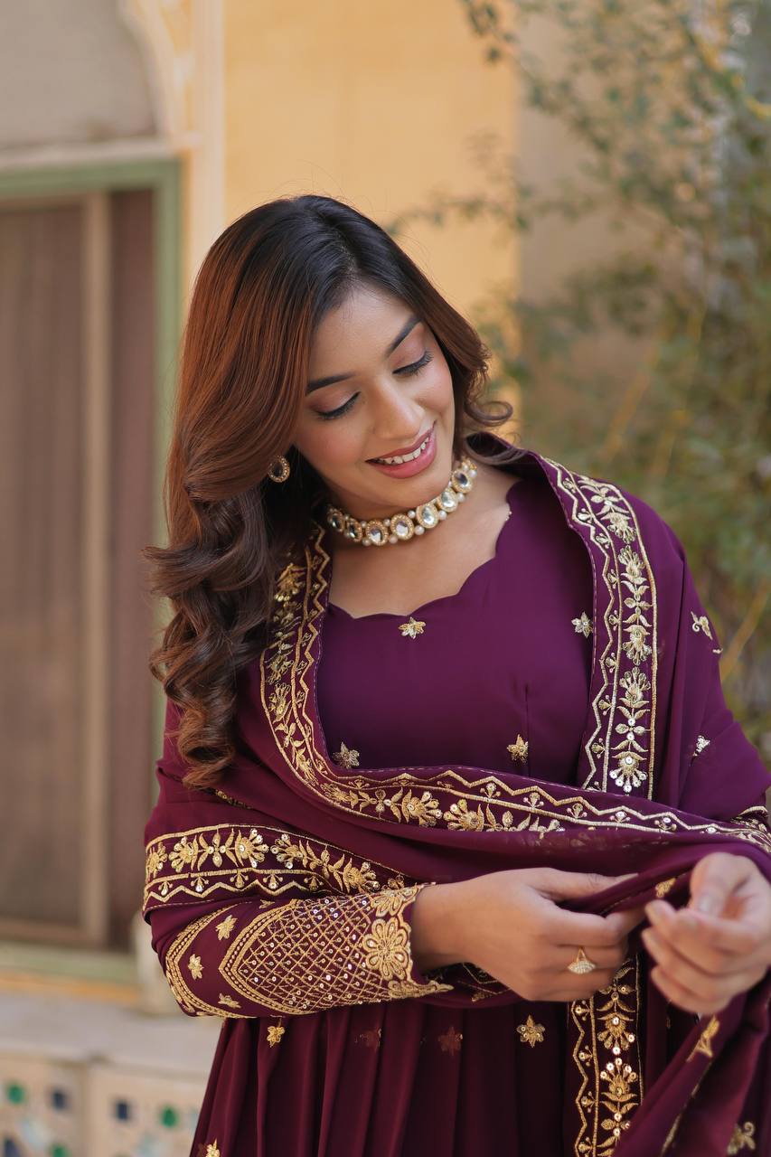 Wine Premium Designer Readymade Gown with Dupatta