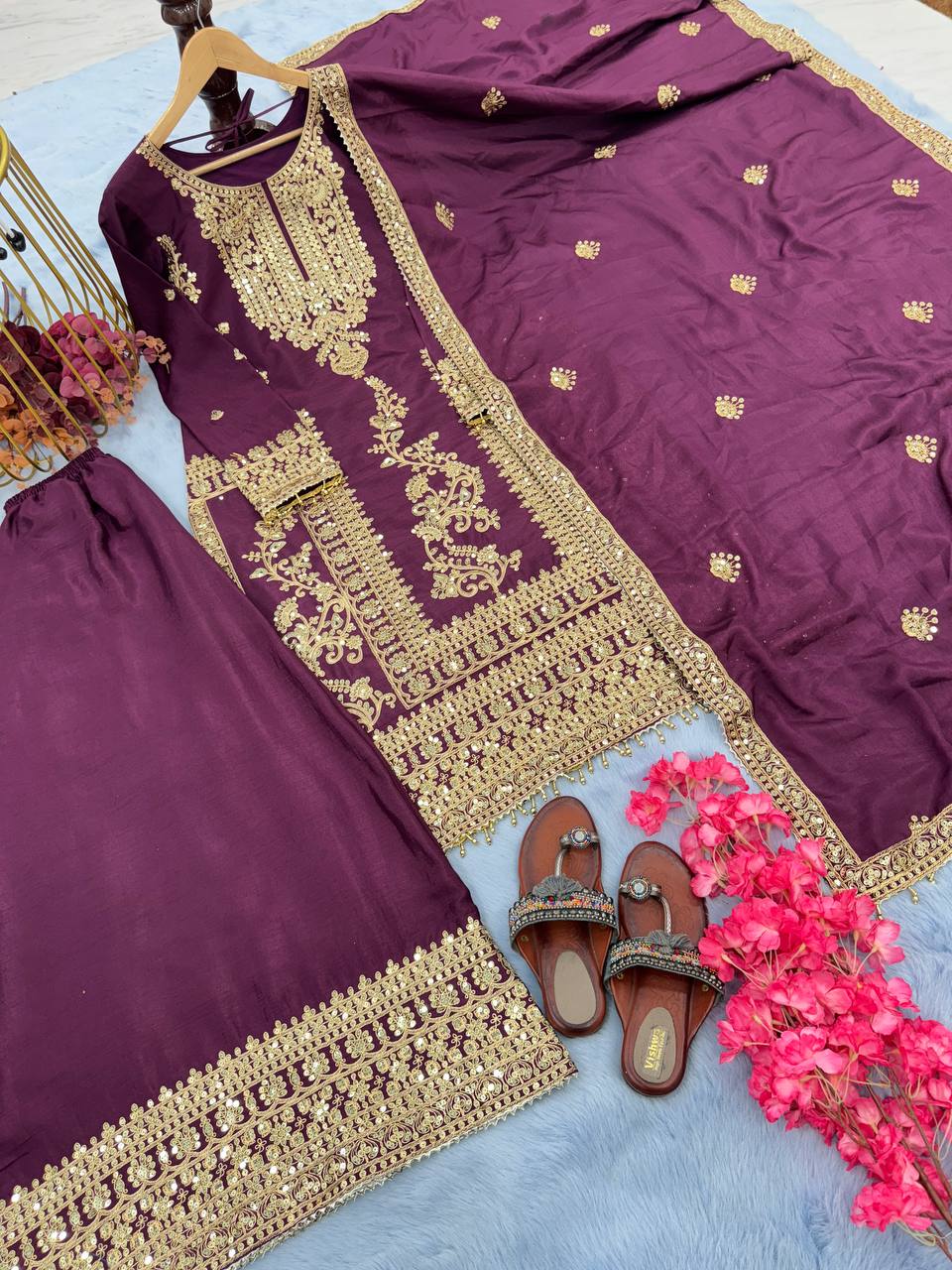 Wine Premium Designer Readymade Top, Palazzo & Dupatta Set –Party Wear