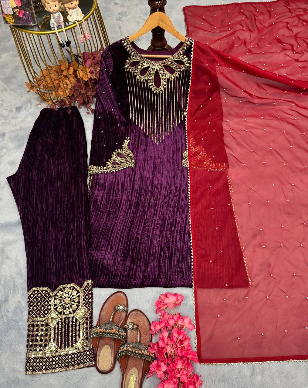 Wine Premium Designer Readymade Velvet Top, Plazzo & Dupatta Set