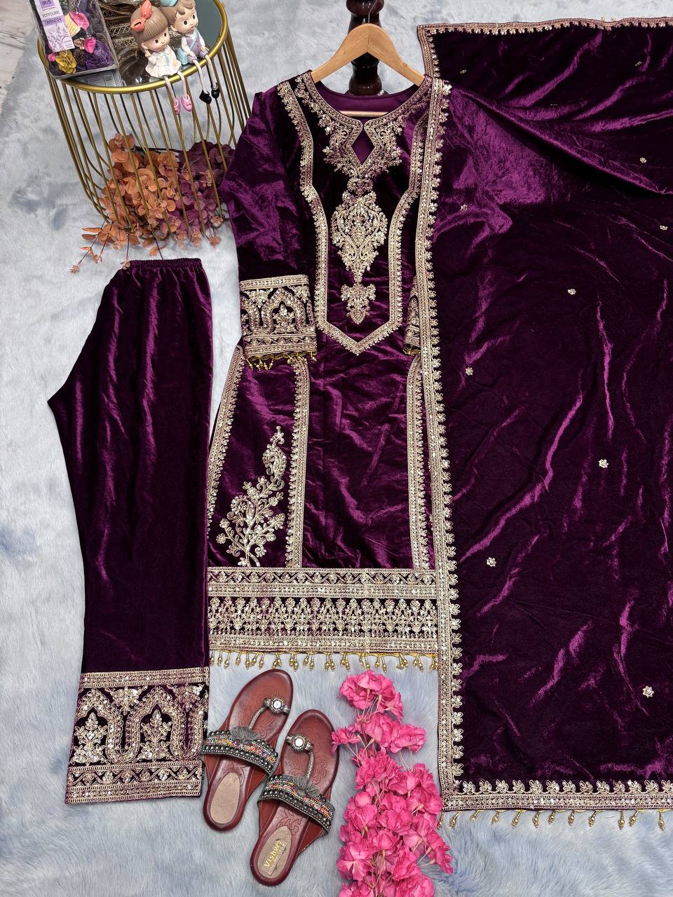 Wine Premium Designer Readymade Viscose Velvet Top, Plazzo & Dupatta Set – Party Wear Elegance