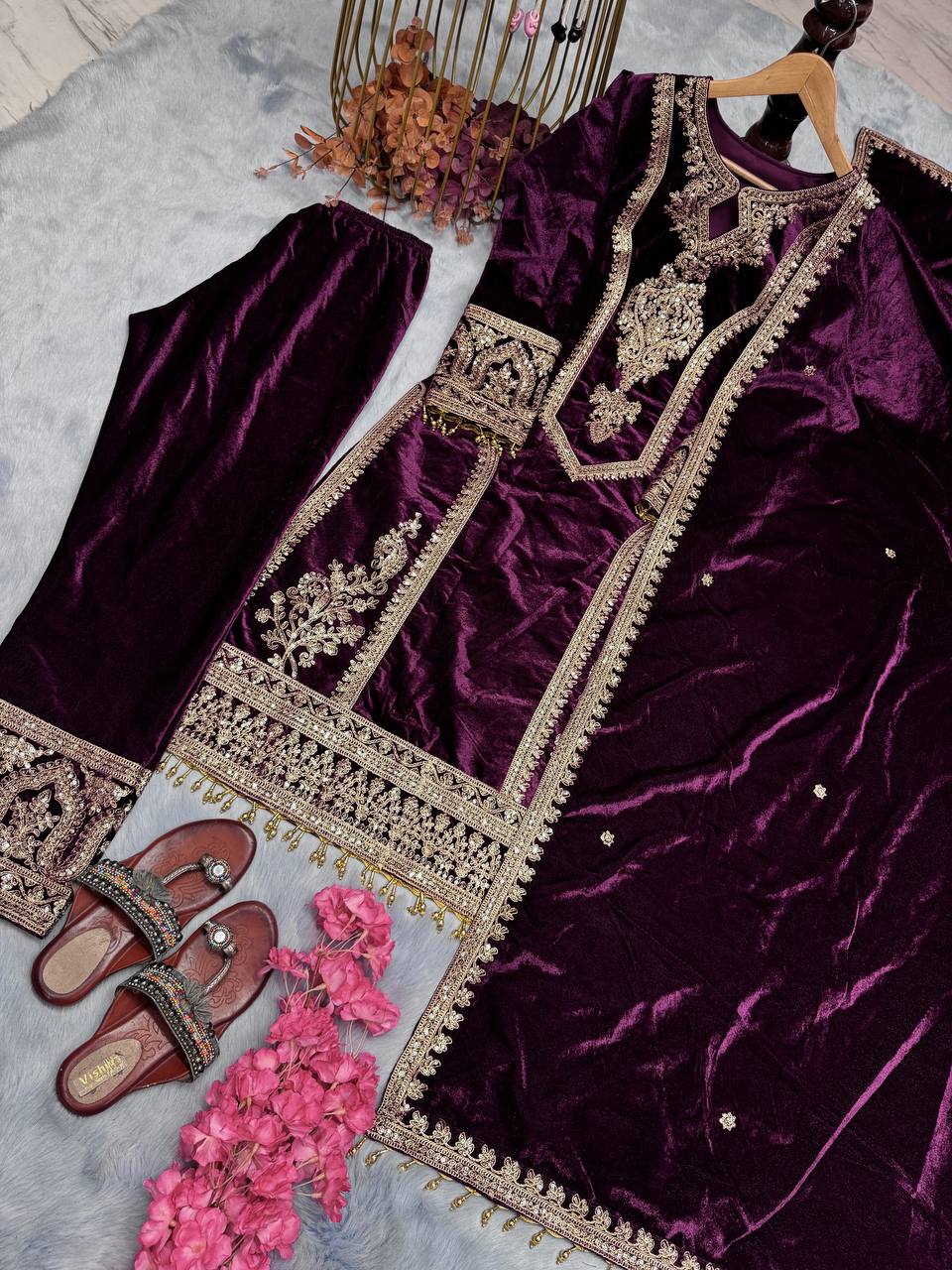 Wine Premium Designer Readymade Viscose Velvet Top, Plazzo & Dupatta Set – Party Wear Elegance