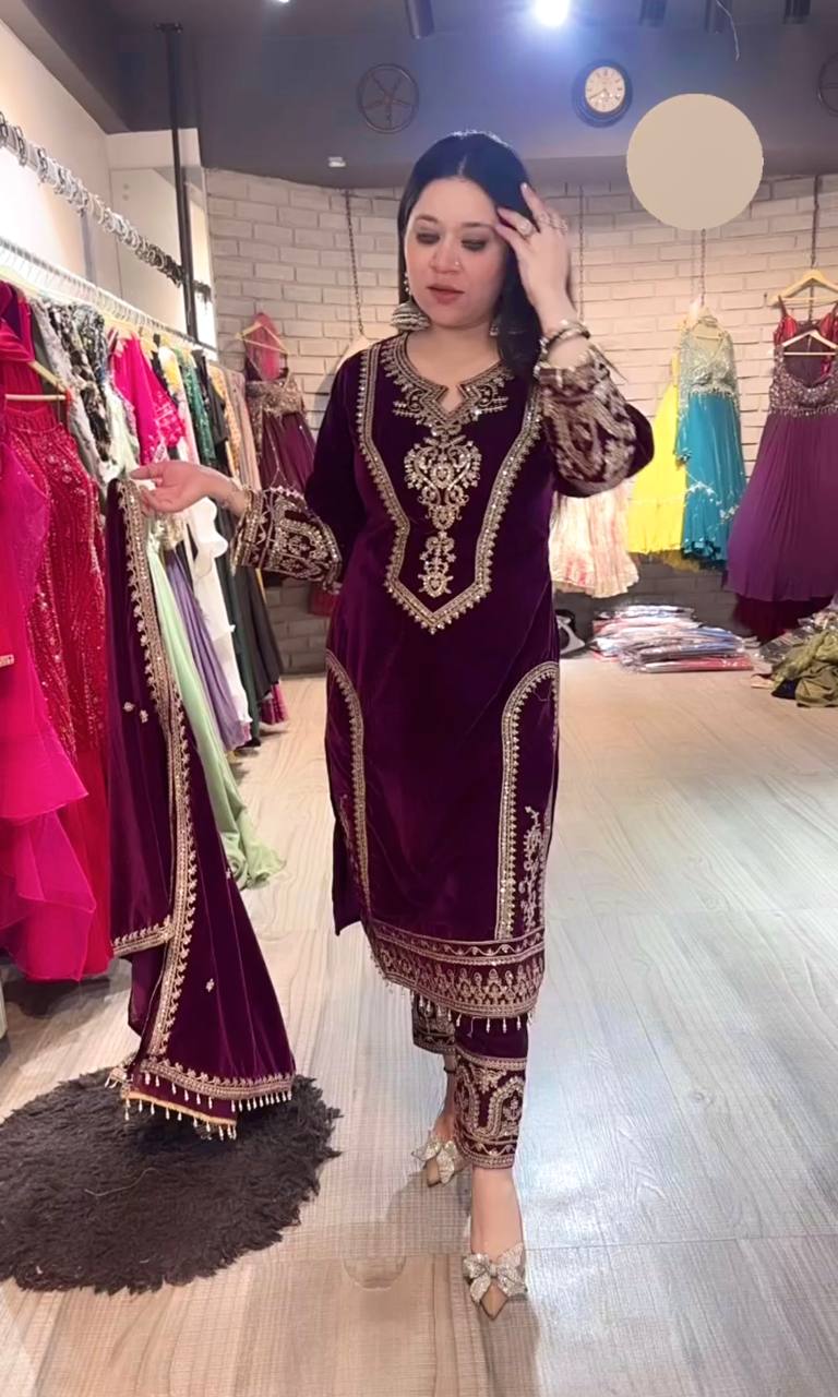 Wine Premium Designer Readymade Viscose Velvet Top, Plazzo & Dupatta Set – Party Wear Elegance