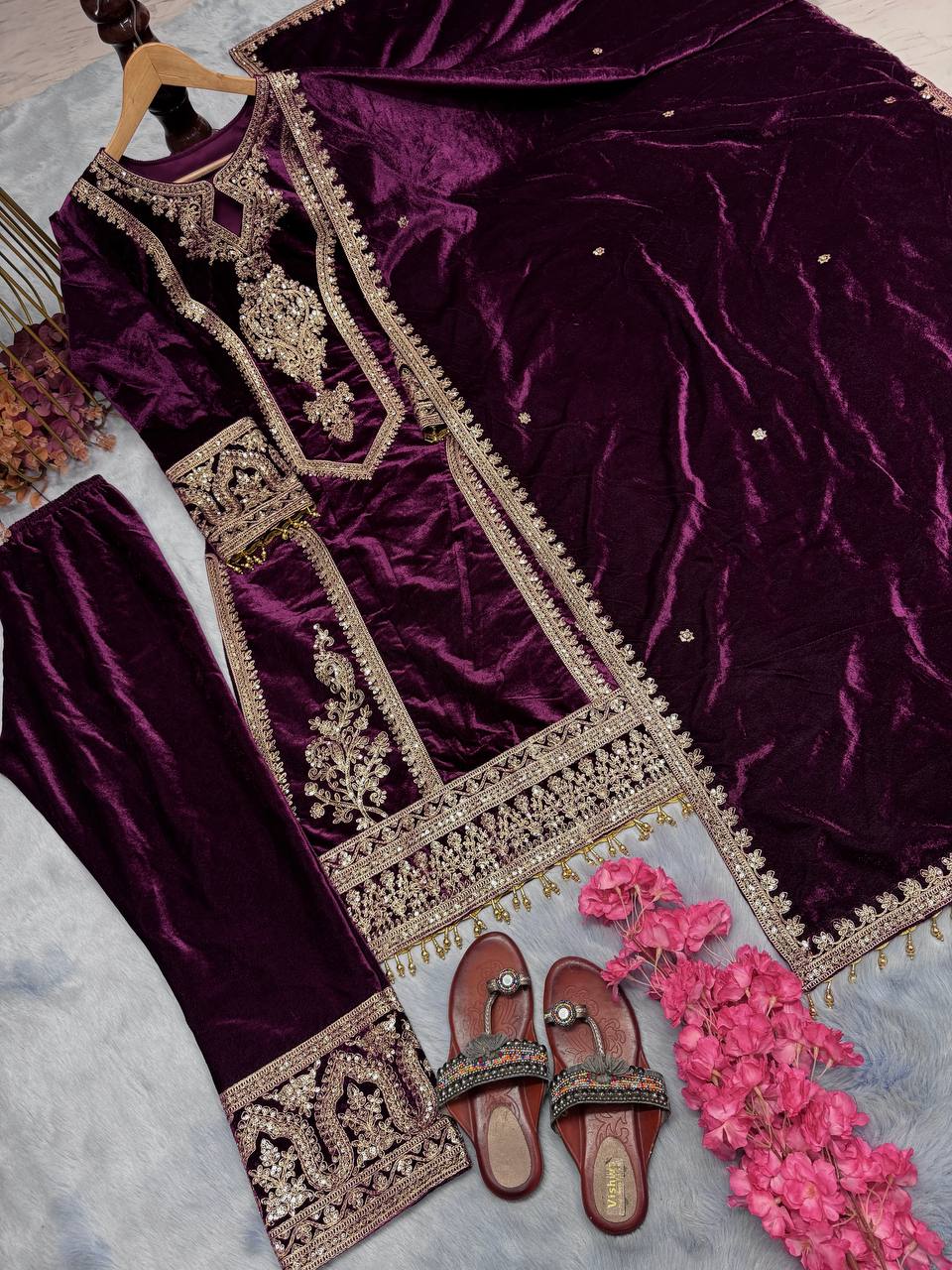 Wine Premium Designer Readymade Viscose Velvet Top, Plazzo & Dupatta Set – Party Wear Elegance
