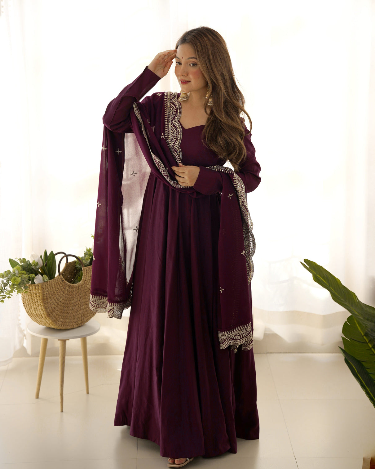 Wine Premium Quality Pure Romansilk Chanderi Anarkali Gown with Dupatta & Pant Set - Ready to Wear