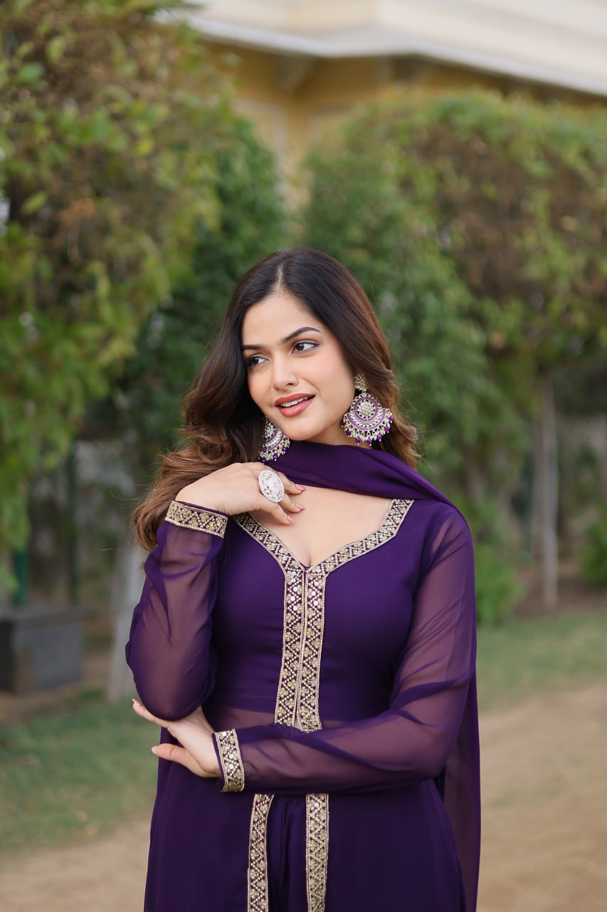 Wine Premium Readymade Kurti Pant Dupatta Set in Faux Blooming & Embroidery