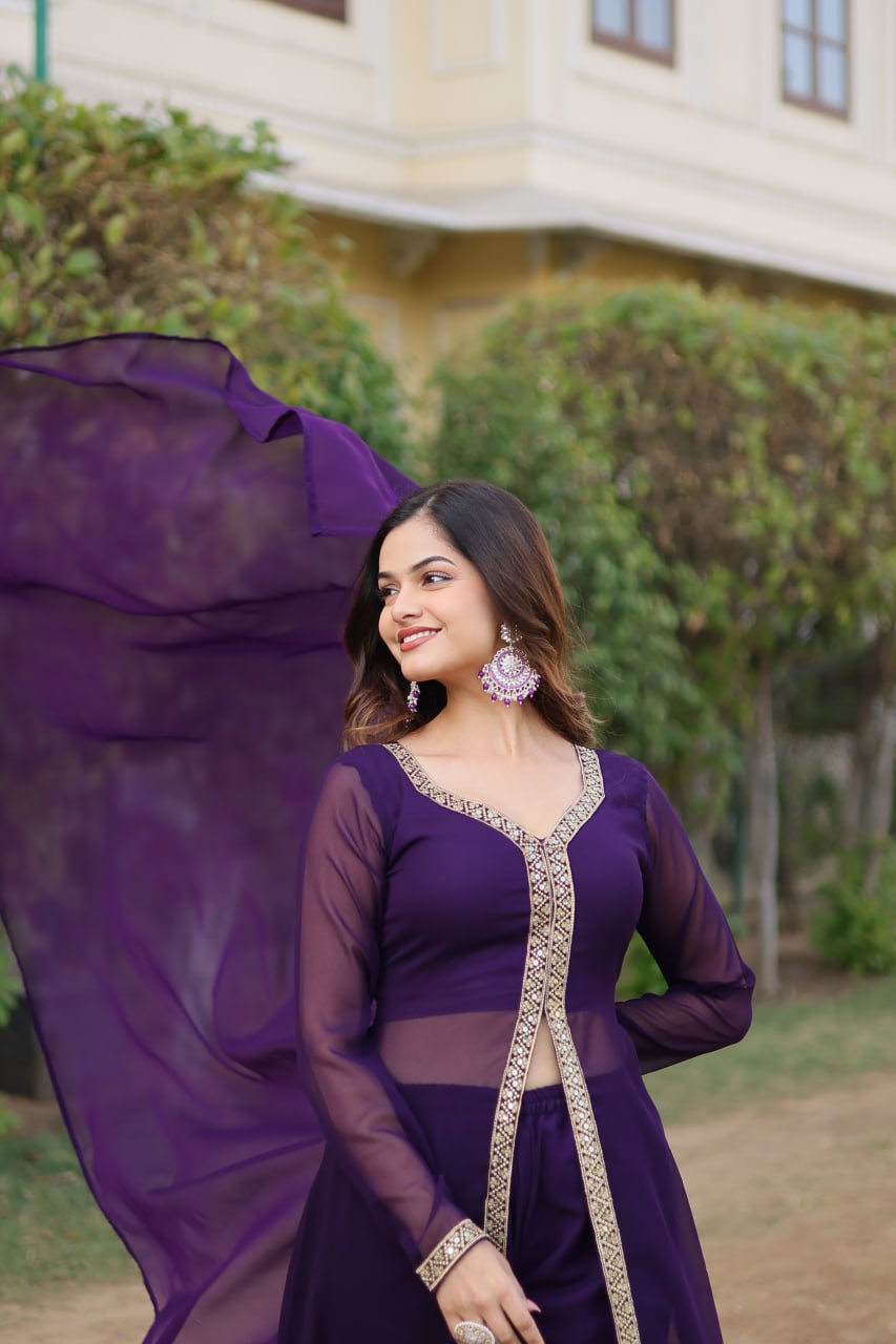 Wine Premium Readymade Kurti Pant Dupatta Set in Faux Blooming & Embroidery