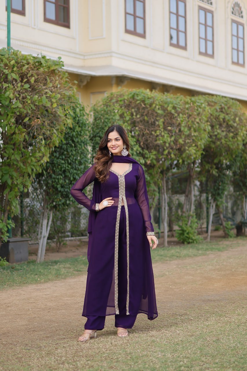Wine Premium Readymade Kurti Pant Dupatta Set in Faux Blooming & Embroidery
