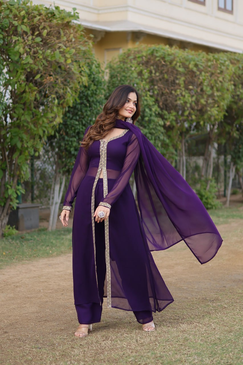 Wine Premium Readymade Kurti Pant Dupatta Set in Faux Blooming & Embroidery