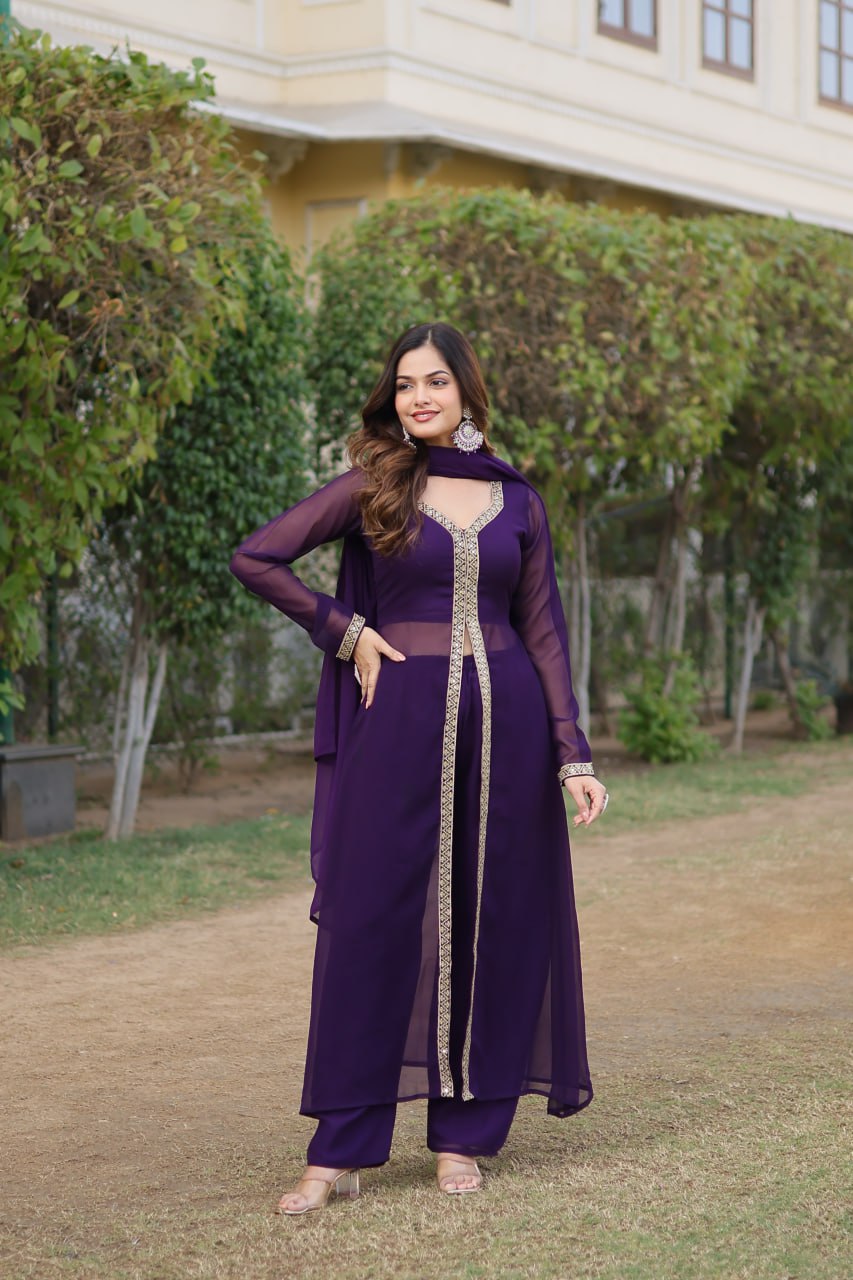 Wine Premium Readymade Kurti Pant Dupatta Set in Faux Blooming & Embroidery