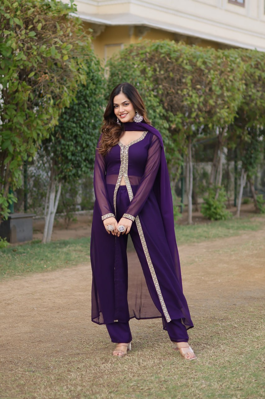 Wine Premium Readymade Kurti Pant Dupatta Set in Faux Blooming & Embroidery