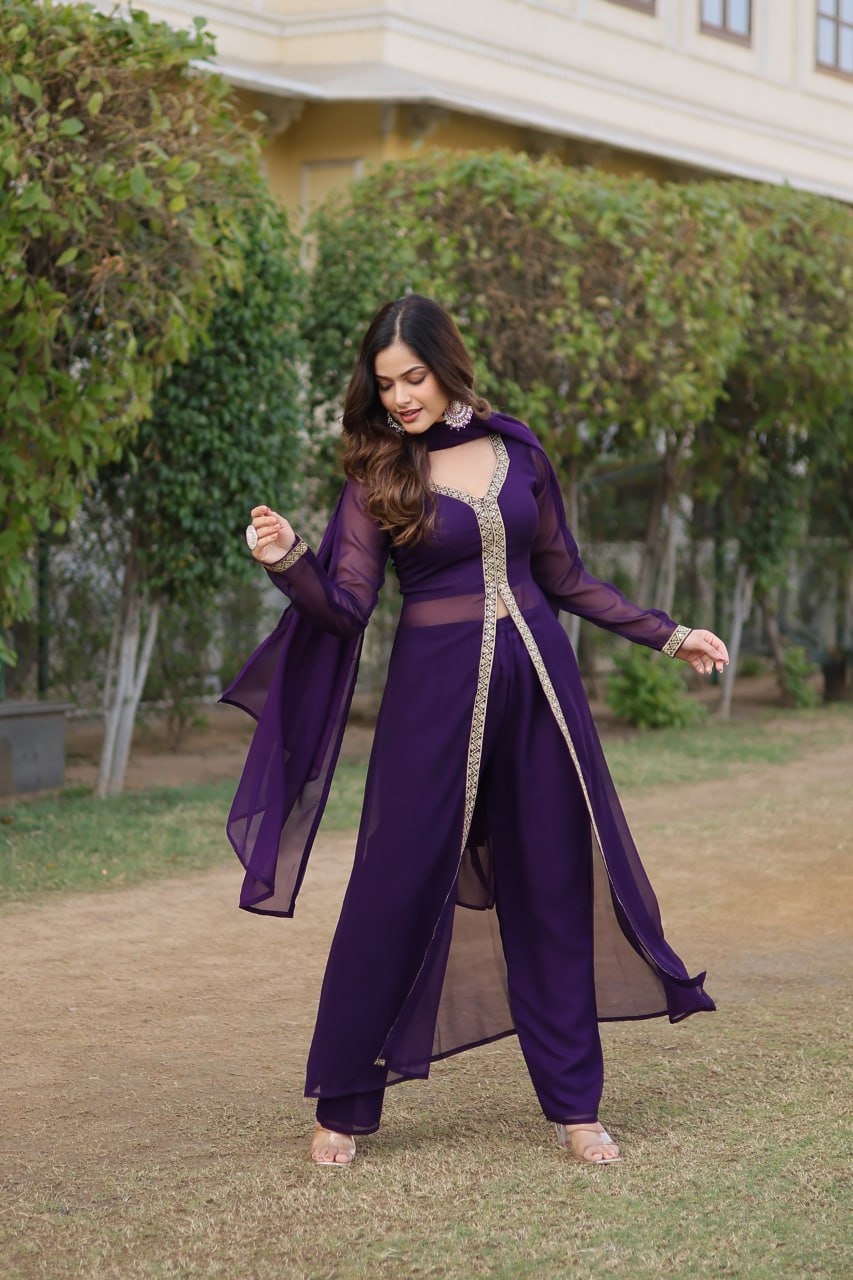 Wine Premium Readymade Kurti Pant Dupatta Set in Faux Blooming & Embroidery