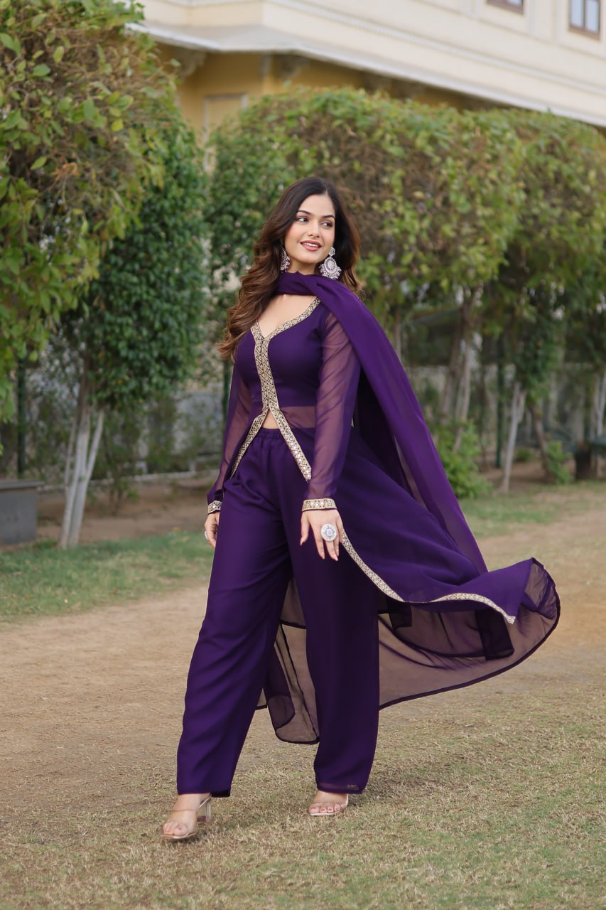 Wine Premium Readymade Kurti Pant Dupatta Set in Faux Blooming & Embroidery