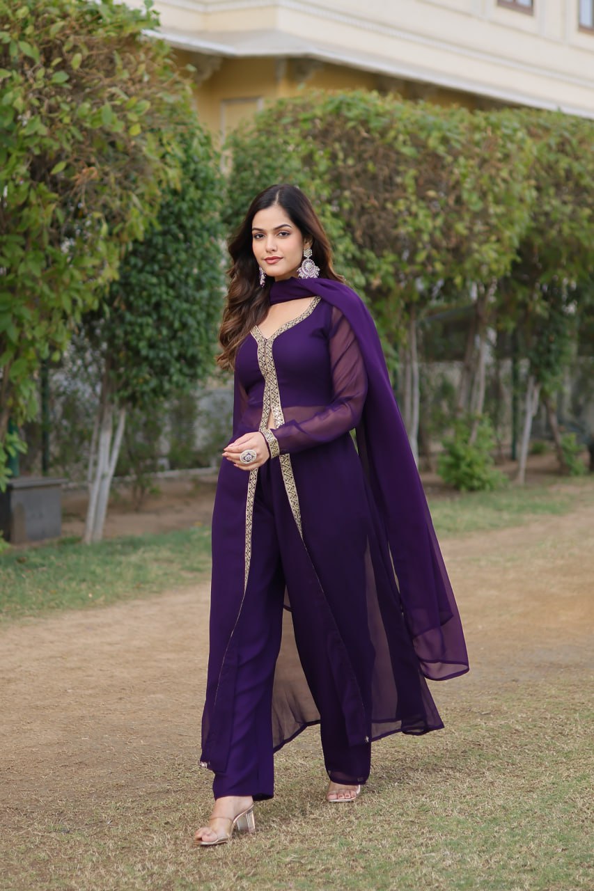 Wine Premium Readymade Kurti Pant Dupatta Set in Faux Blooming & Embroidery