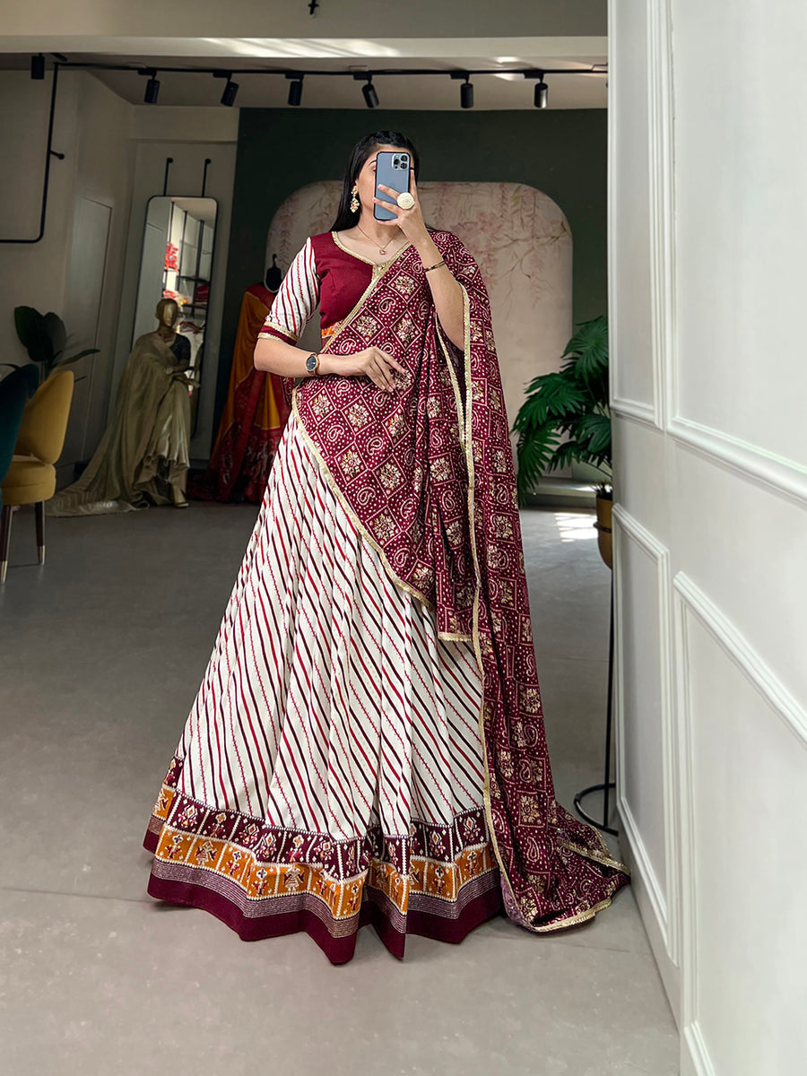 Wine Pure Cotton Lehenga Choli Set with Laheriya Print