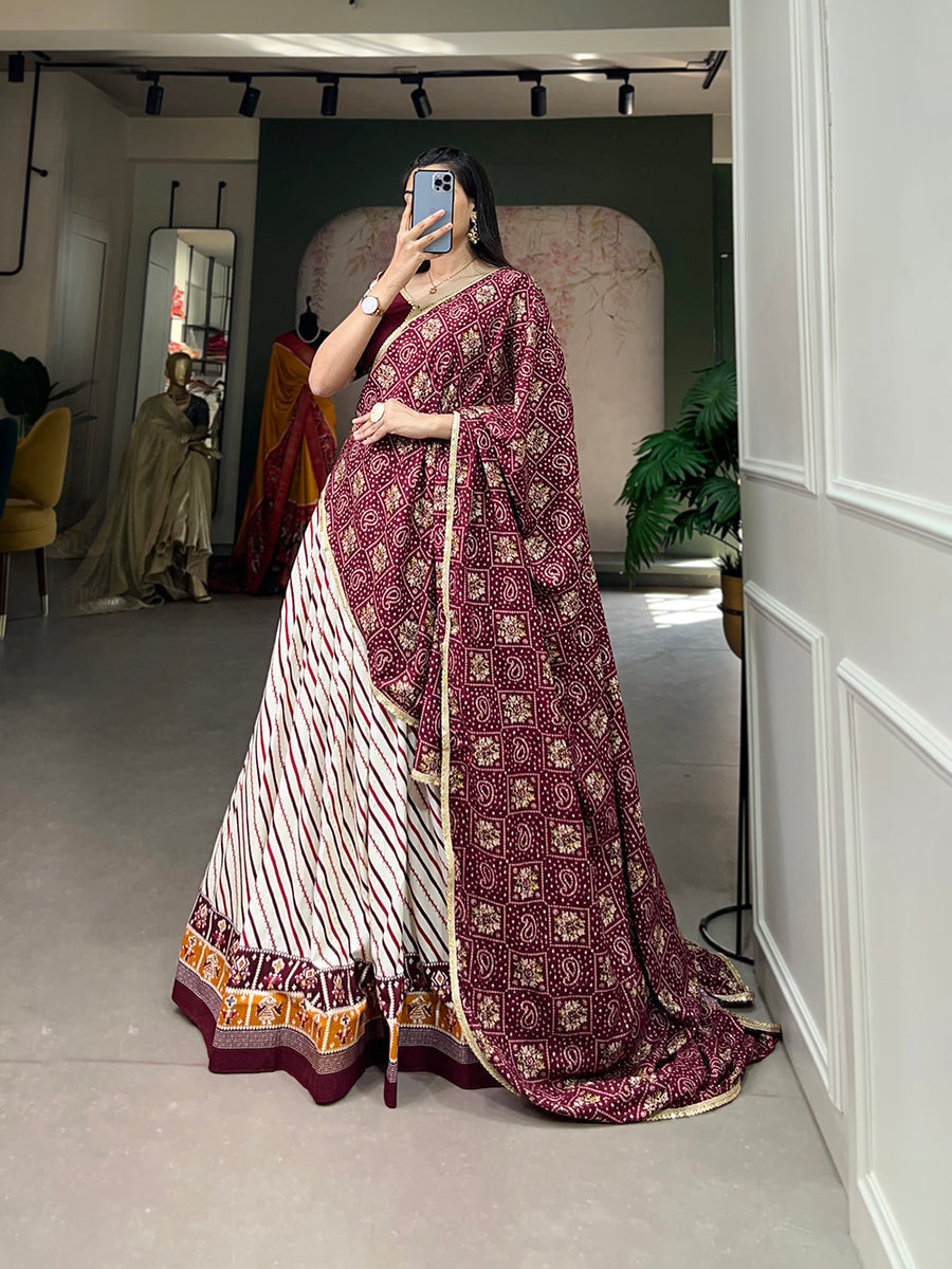 Wine Pure Cotton Lehenga Choli Set with Laheriya Print