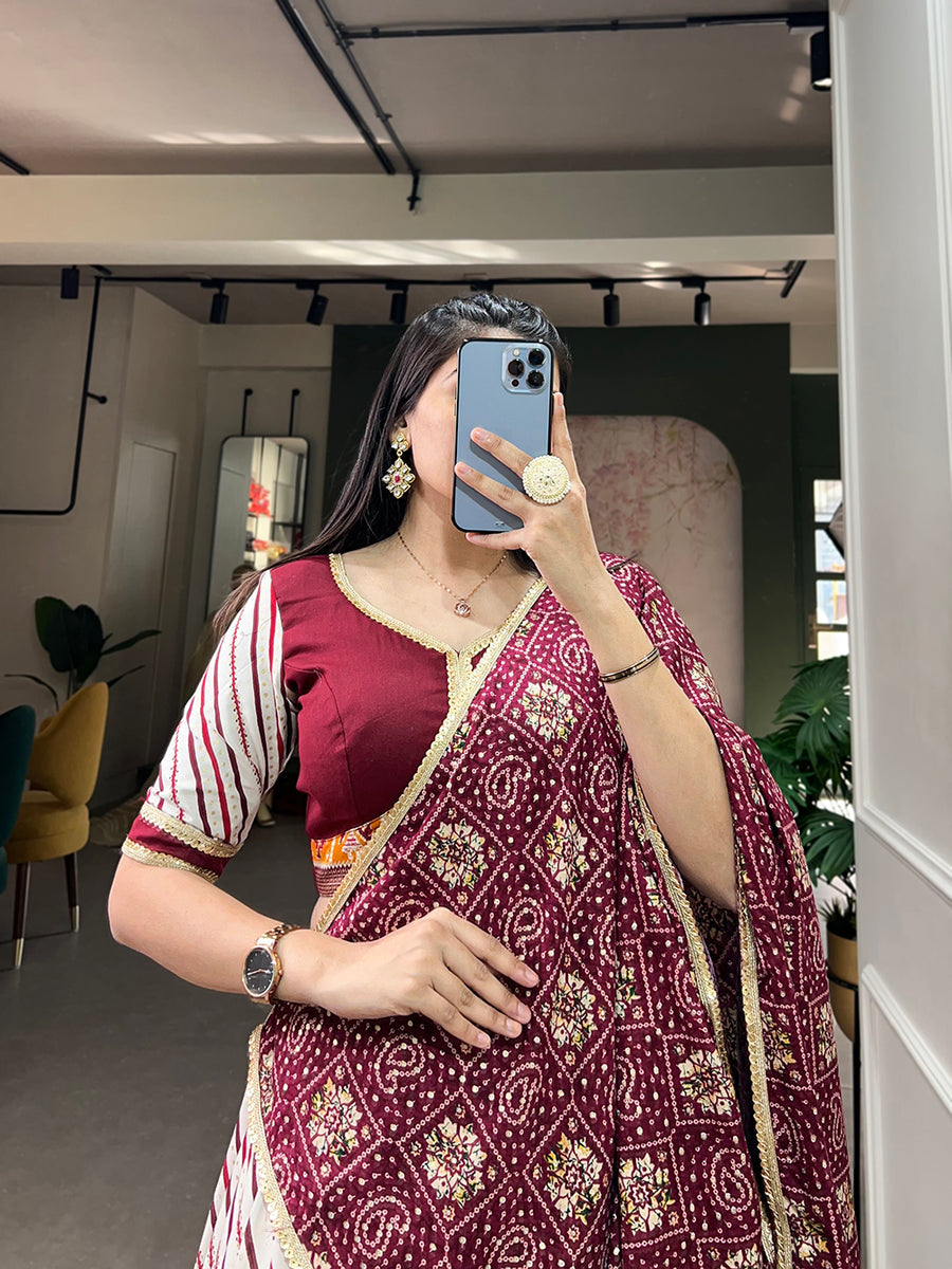 Wine Pure Cotton Lehenga Choli Set with Laheriya Print