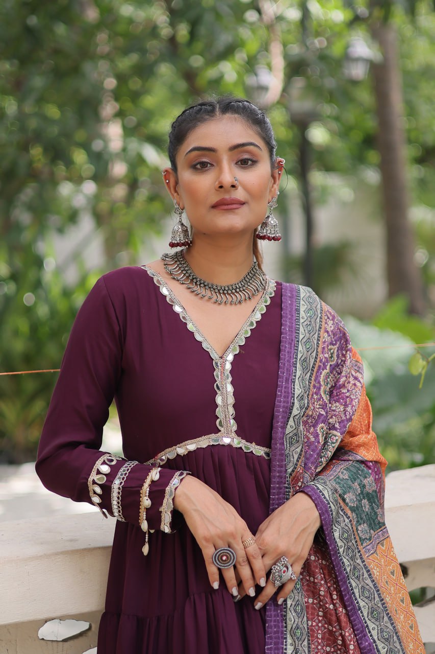 Wine Roman Fabric Frill-Stitched Gown with Maslin Crochet Dupatta