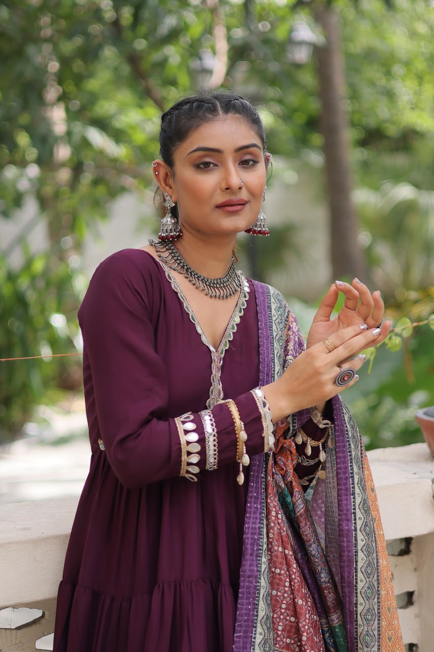 Wine Roman Fabric Frill-Stitched Gown with Maslin Crochet Dupatta