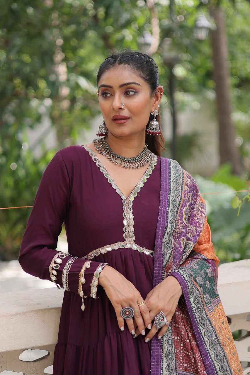 Wine Roman Fabric Frill-Stitched Gown with Maslin Crochet Dupatta