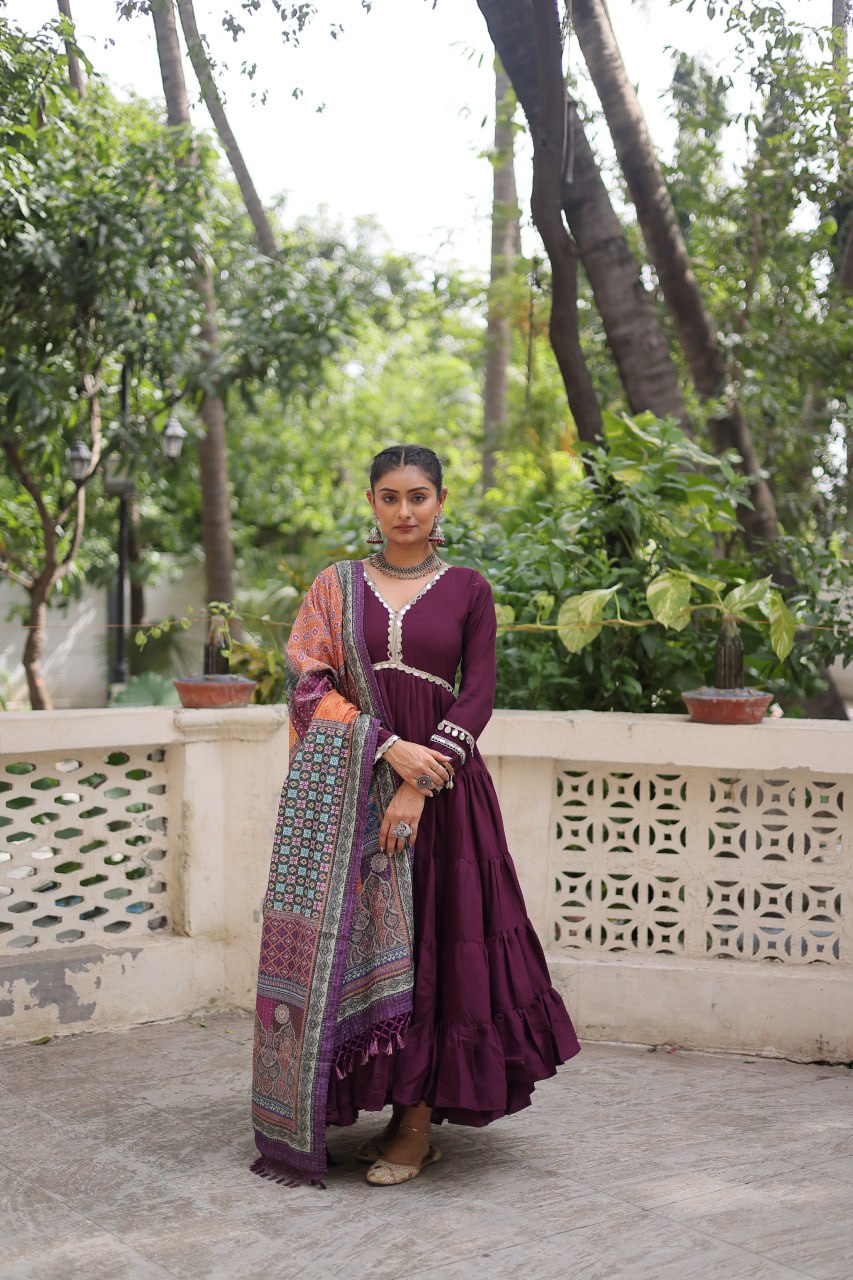 Wine Roman Fabric Frill-Stitched Gown with Maslin Crochet Dupatta