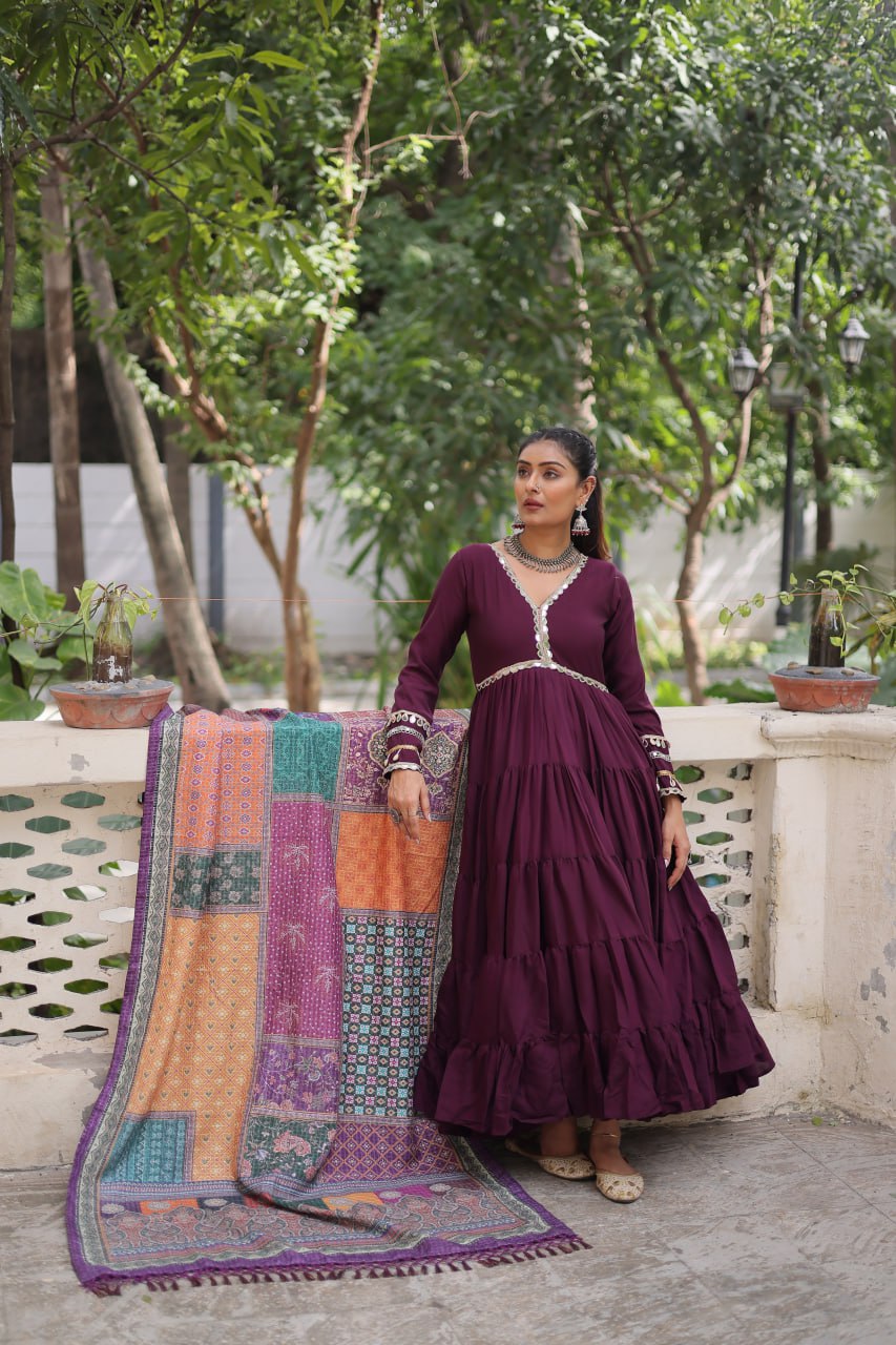 Wine Roman Fabric Frill-Stitched Gown with Maslin Crochet Dupatta