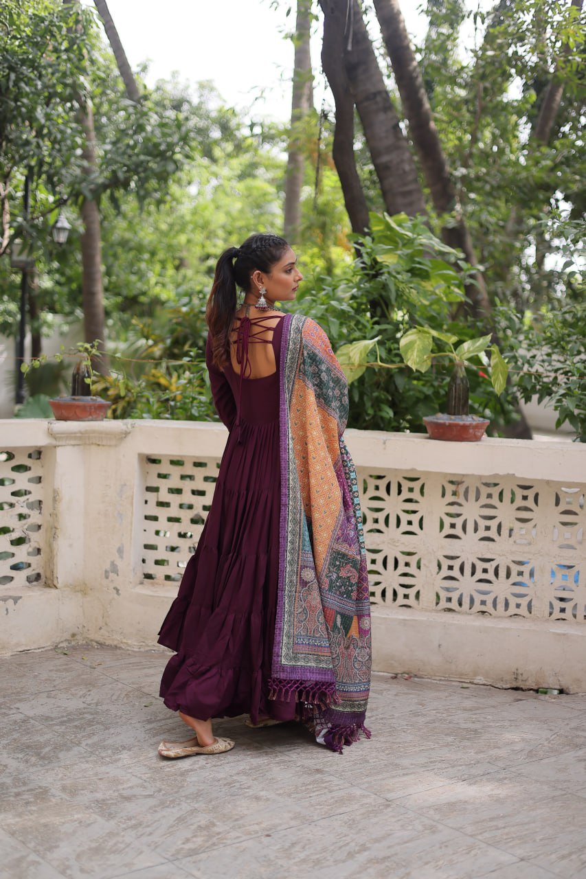 Wine Roman Fabric Frill-Stitched Gown with Maslin Crochet Dupatta